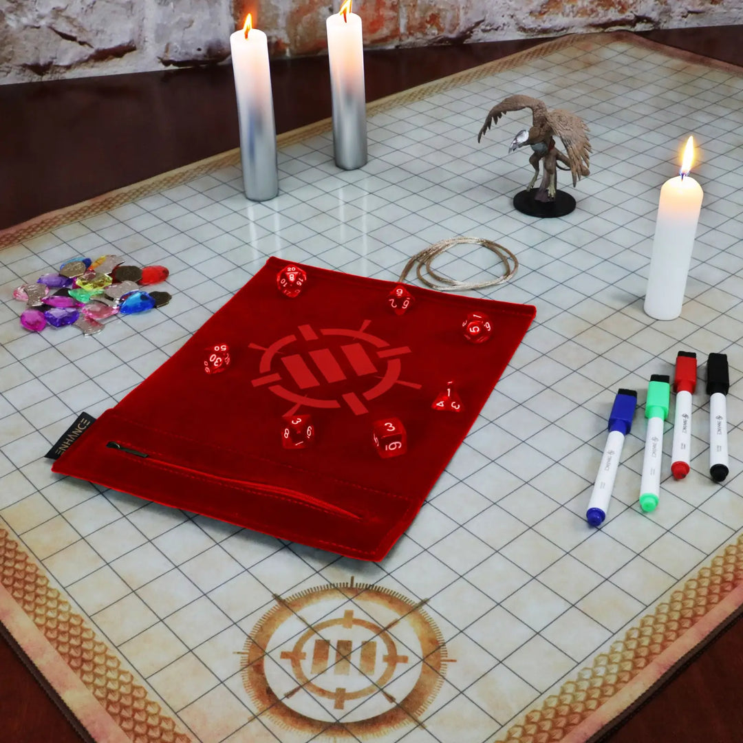 Dice Rolling Mat: Enhance - Roll on a Scroll™ & Acrylic RPG Dice Set (7) - Red - Enhance Gaming - Accessories