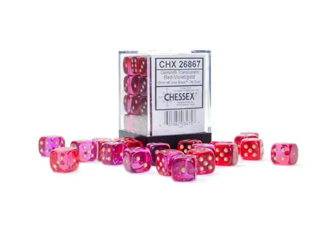 Dice Set: Gemini - Translucent - Red-Violet/Gold - 12mm - d6 (36) - Chessex - Accessories