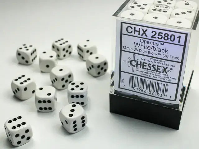 Dice Set: Opaque - White/Black - 12mm - d6 (36) - Chessex - Accessories