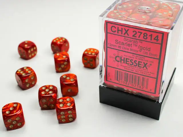 Dice Set: Scarab - Scarlet/Gold - 12mm - d6 (36) - Chessex - Accessories