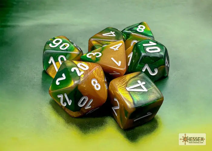RPG Dice Set: Gemini - Polyhedral - Gold-Green/White (7) - Chessex - Accessories