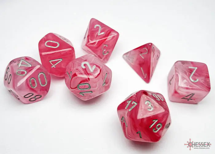 RPG Dice Set: Ghostly Polyhedral Glow Pink/Silver (7) Chessex Accessories