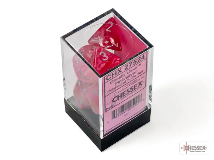 RPG Dice Set: Ghostly Polyhedral Glow Pink/Silver (7) Chessex Accessories
