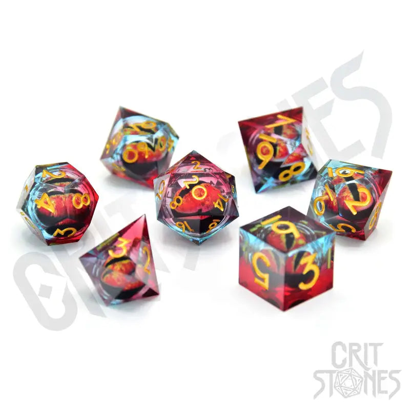 RPG Dice Set: Resin - Sharp Edge - Floating Eye - Chromatic Dragon’s Gaze - Glassstaff - Accessories