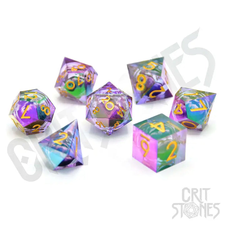 RPG Dice Set: Resin - Sharp Edge - Floating Eye - Electroplated - Eldritch Iris - Glassstaff - Accessories
