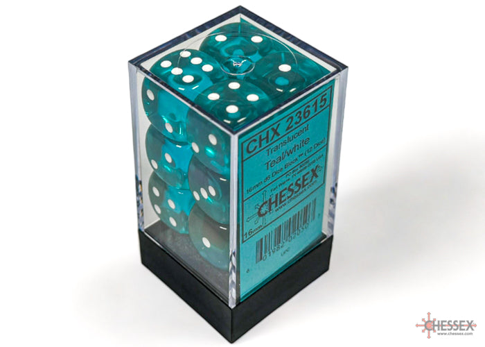 Dice Set: Translucent - 16mm - d6 - Teal/White (12)