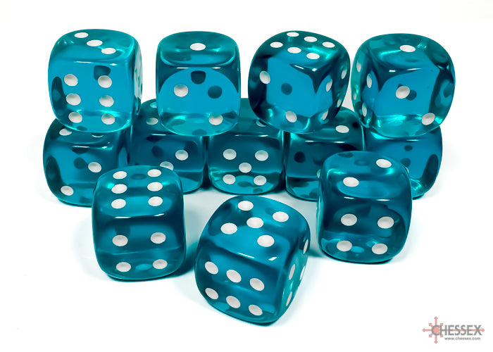 Dice Set: Translucent - 16mm - d6 - Teal/White (12)