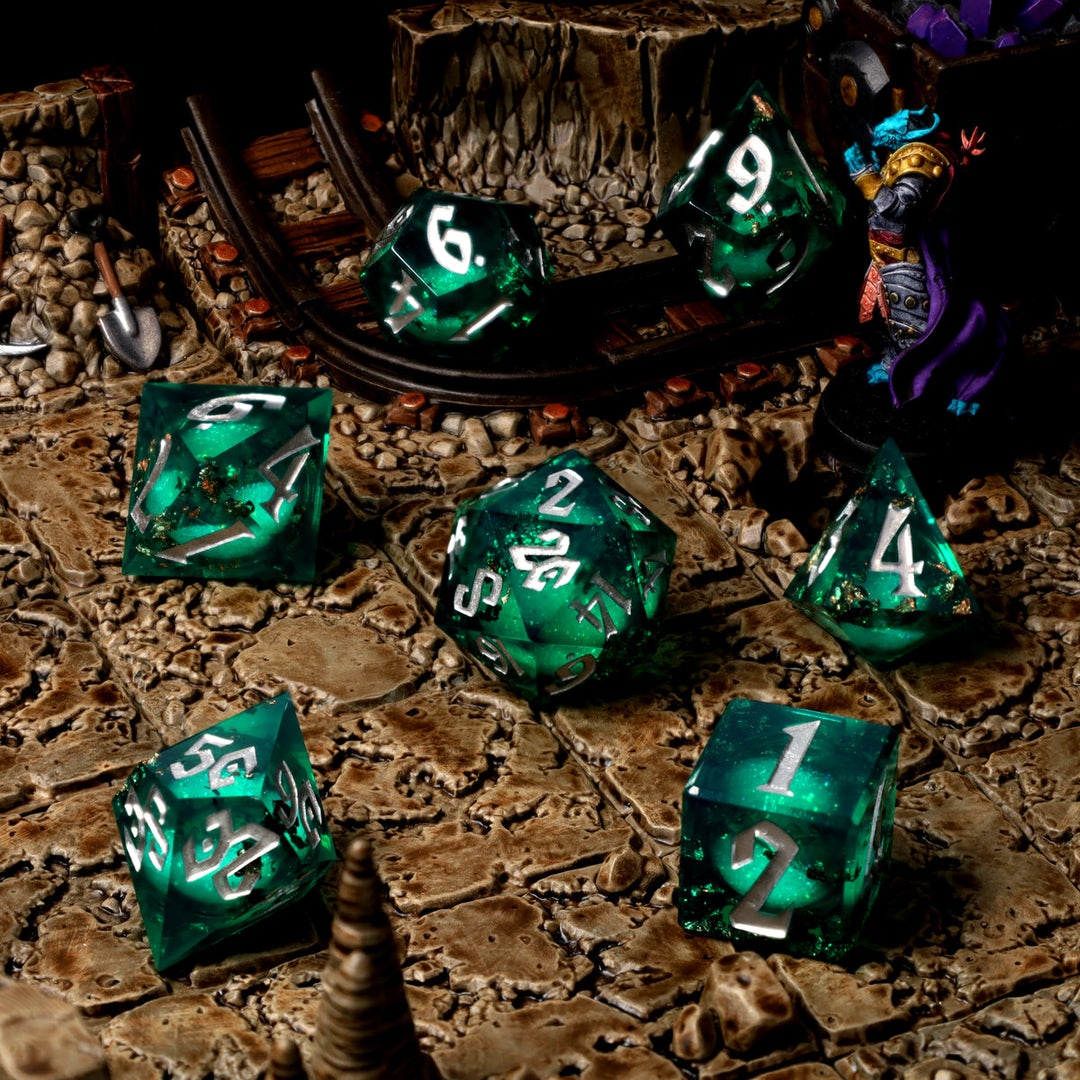 RPG Dice Set: Resin - Sharp Edge - Liquid Core - Forest Fountain