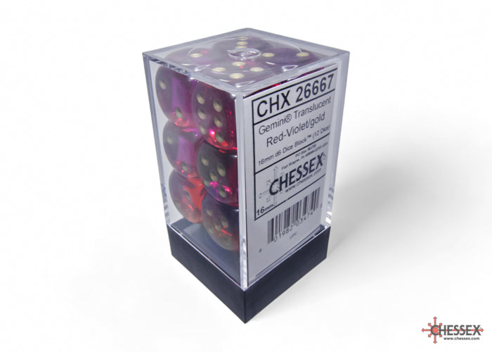 Dice Set: Gemini - Translucent - 16mm - d6 - Red-Violet/Gold  (12)