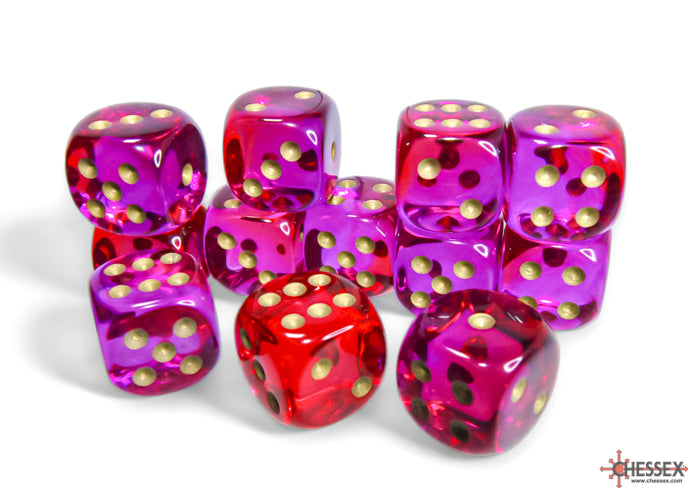 Dice Set: Gemini - Translucent - 16mm - d6 - Red-Violet/Gold  (12)