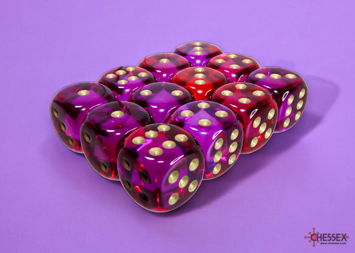 Dice Set: Gemini - Translucent - 16mm - d6 - Red-Violet/Gold  (12)