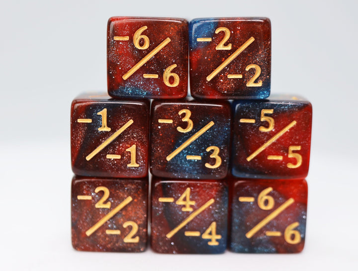 Dice Counters: Negative - Red & Blue Glitter