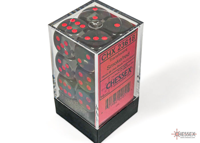 Dice Set: Translucent - 16mm - d6 - Smoke/Red (12)