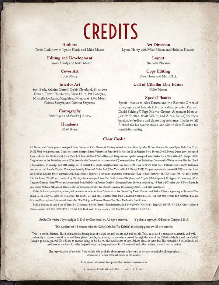 Call of Cthulhu RPG: Berlin - The Wicked City (EN) - Chaosium Inc. - Roleplaying Games