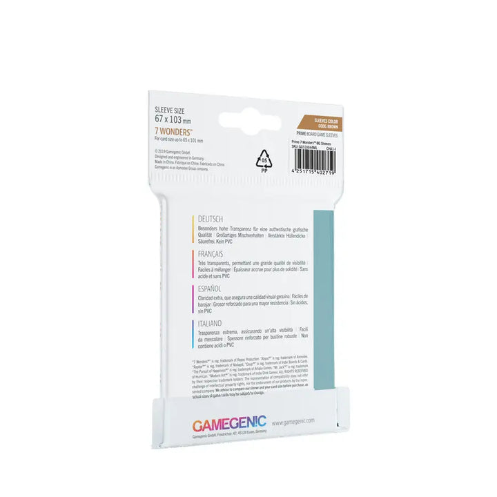 Board Game Sleeves: Prime - 7 Wonders - Brown (80) - Gamegenic - Accessories