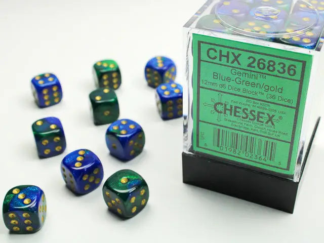 Dice Set: Gemini - Blue Green/Gold - 12mm - d6 (36) - Chessex - Accessories