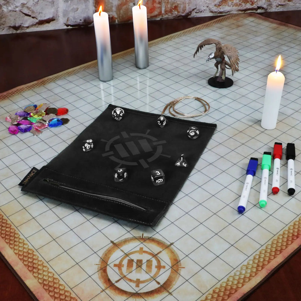 Dice Rolling Mat: Enhance - Roll on a Scroll™ & Acrylic RPG Dice Set (7) - Black - Enhance Gaming - Accessories