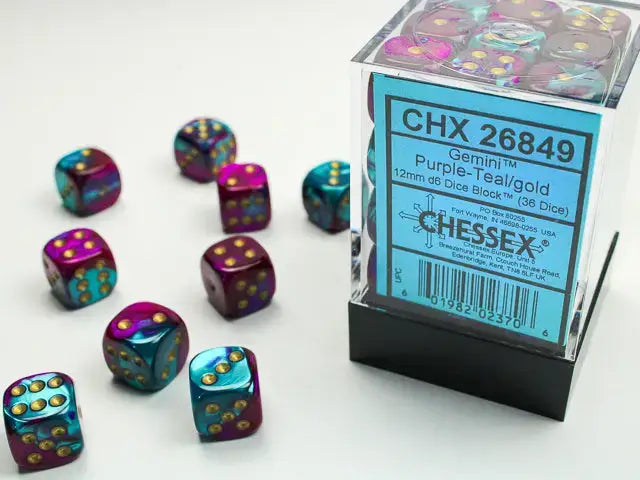 Dice Set: Gemini - Purple Teal/Gold - 12mm - d6 (36) - Chessex - Accessories