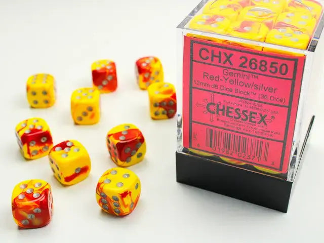 Dice Set: Gemini - Red Yellow/Silver - 12mm - d6 (36) - Chessex - Accessories