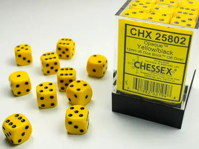 Dice Set: Opaque - Yellow/Black - 12mm - d6 (36) - Chessex - Accessories
