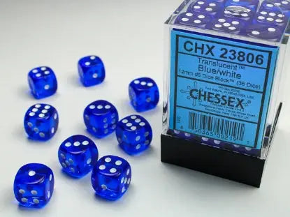 Dice Set: Translucent - Blue/White - 12mm - d6 (36) - Chessex - Accessories