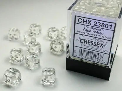 Dice Set: Translucent - Clear/White - 12mm - d6 (36) - Chessex - Accessories