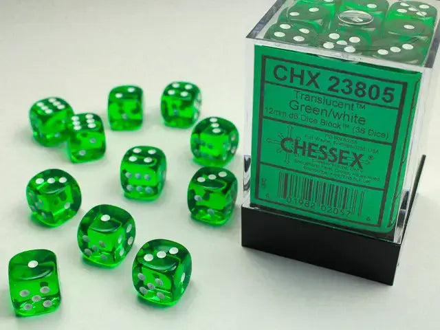 Dice Set: Translucent - Green/White - 12mm - d6 (36) - Chessex - Accessories