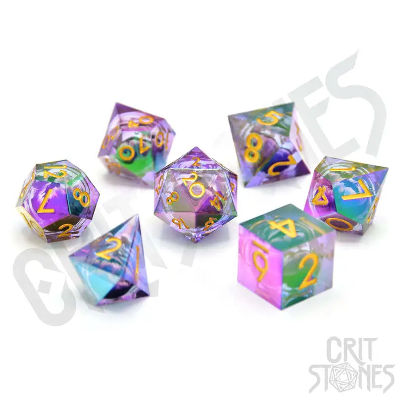 RPG Dice Set: Resin - Sharp Edge - Floating Eye - Electroplated - Eldritch Iris - Glassstaff - Accessories