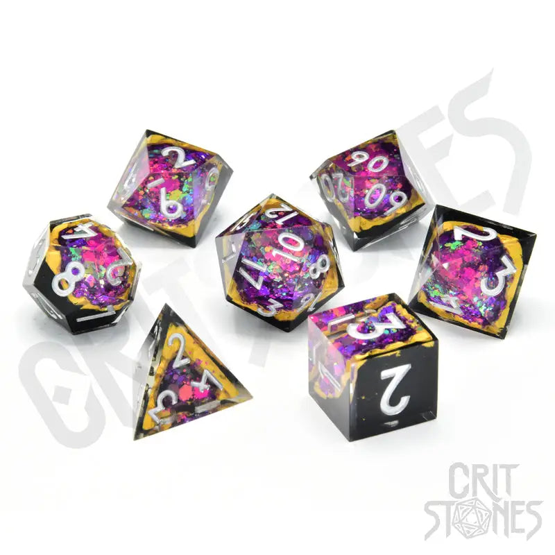 RPG Dice Set: Resin - Sharp Edge - Geode - Violet Vein - Glassstaff - Accessories