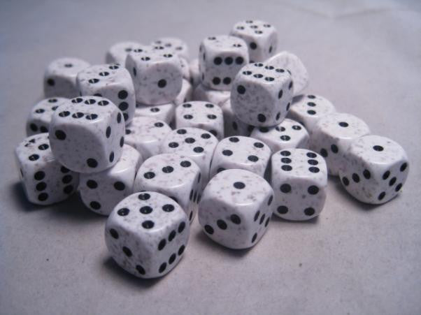 Dice: 36 Arctic Camo D6 dice, pipped by Chessex